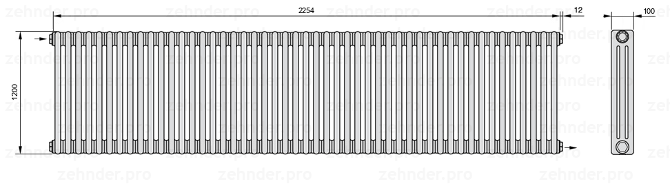 Схема (чертеж) Радиатор Zehnder Charleston 3120/49 №1670 Белый глянцевый RAL 9016